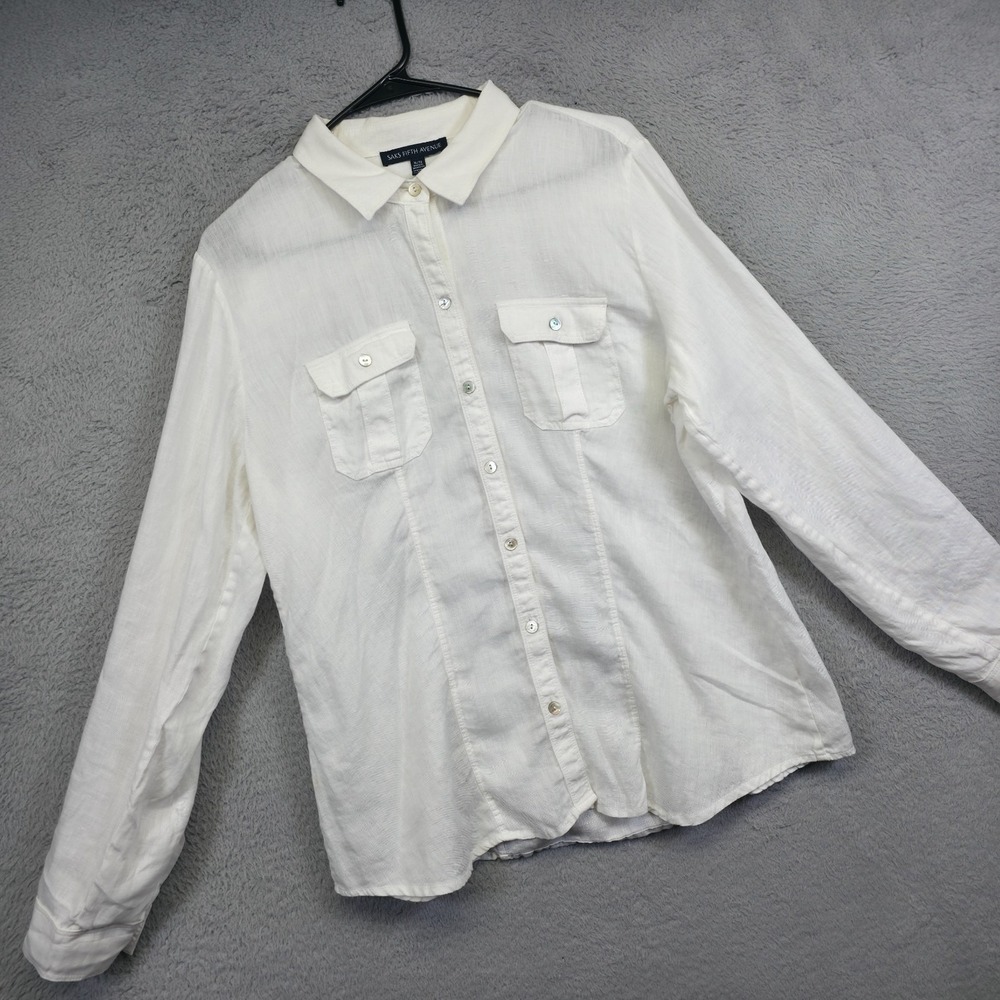 Saks Fifth Avenue Top Womens XL White Roll Tab Sleeve Linen Shirt Coastal Resort